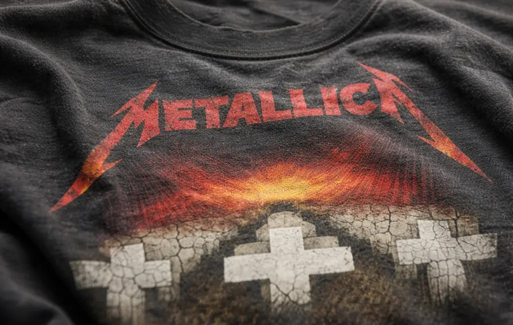 Close-up detail showing the cotton texture and faded print of a vintage band tee