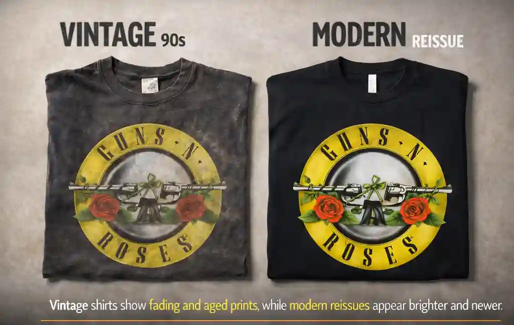 Side-by-side comparison of a faded 90s vintage band tee and a modern band shirt reproduction.