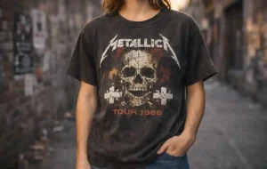 Vintage music fan wearing a faded 90s band tee showing why 90s band tees are valuable today.